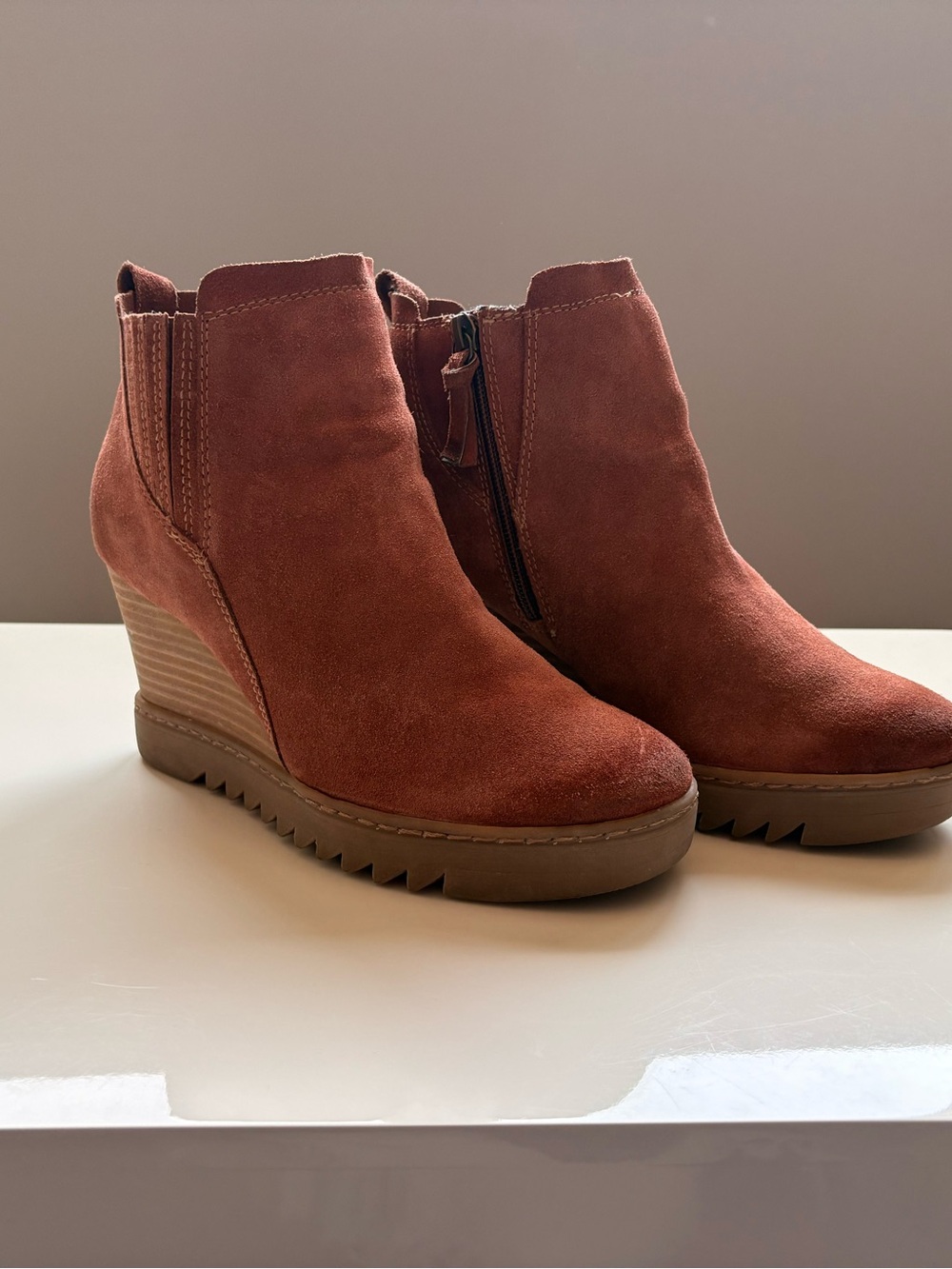 Sofft Rust Suede Wedge Ankle Booties
